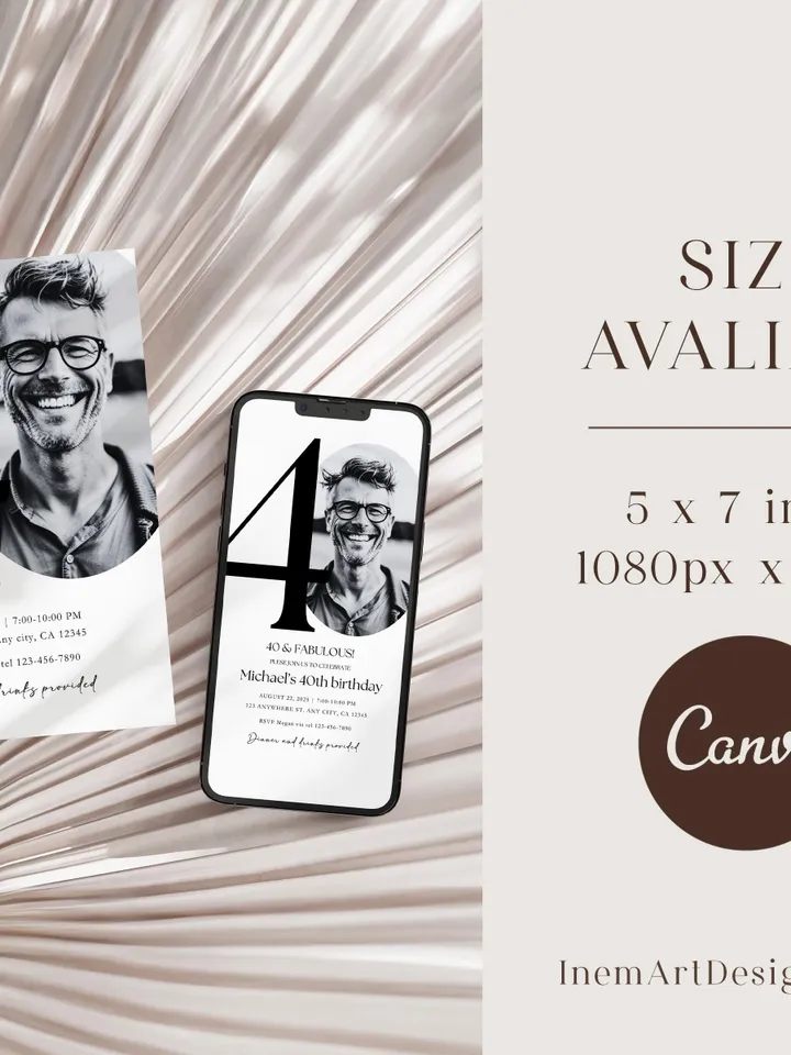 40th Invitation with photo, Look Who's 40, 40th Birthday Invitation Template, Simple 40th Invitation, Male 40th Invites, Editable, Printable