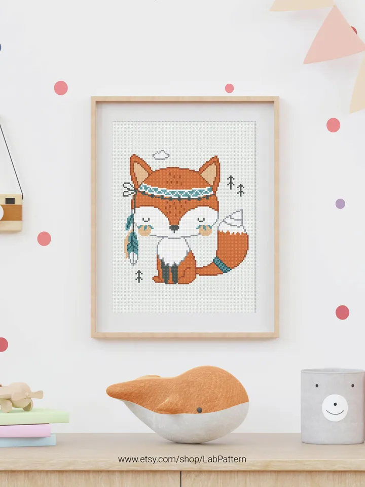 Fox Boho Style aesthetic mini cross stitch pattern, baby, animal, boy girl nursery decor, counted, chart, gift DIY, embroidery, instant PDF