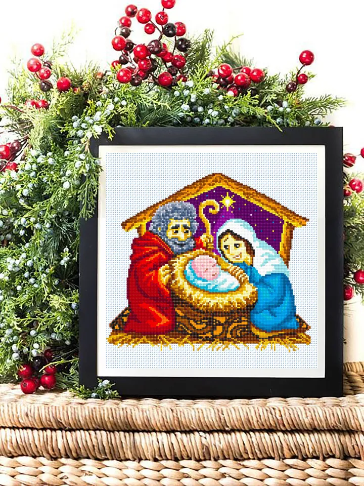 Nativity scene cross stitch pattern download PDF O Holy night cross stitch Religious Christmas embroidery Holy family pattern digital #N26