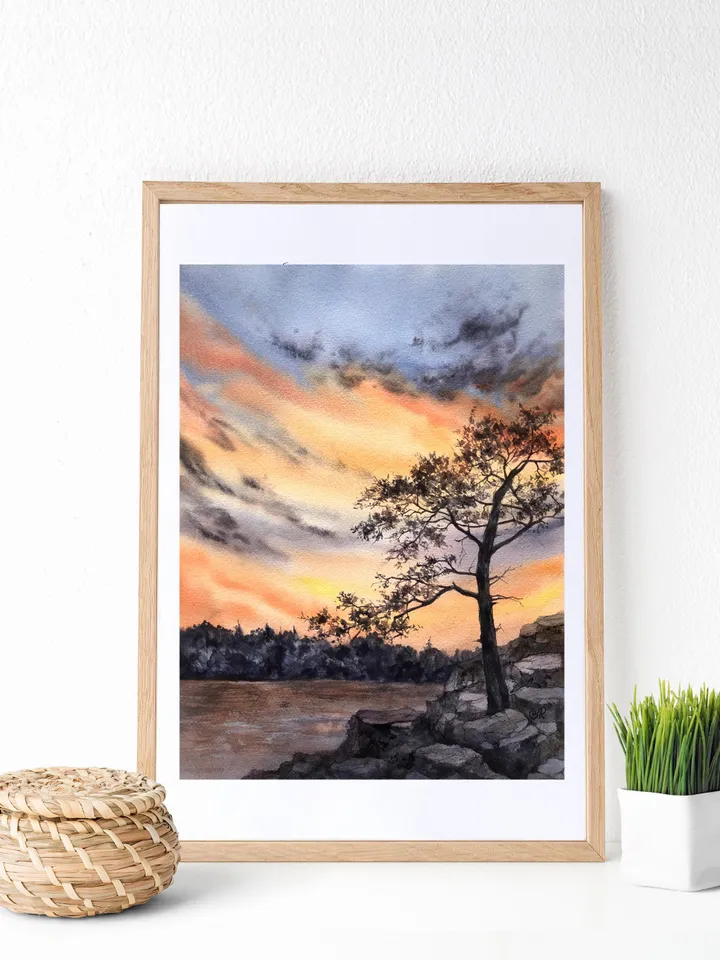 Sunset Original Painting Forest Watercolor Painting Trees Landscape Wall Art