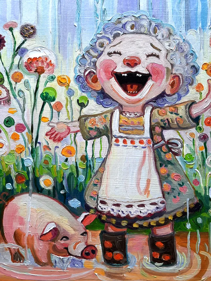 Funny Girl and Pig Original Oil painting 6 by 6 inch