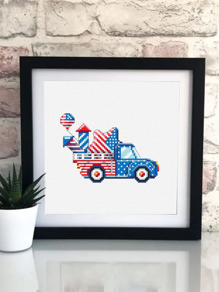 Patriotic retro truck cross stitch pattern PDF download Independence Day cross stitch 4th of july truck American flag Stars and stripes #T34