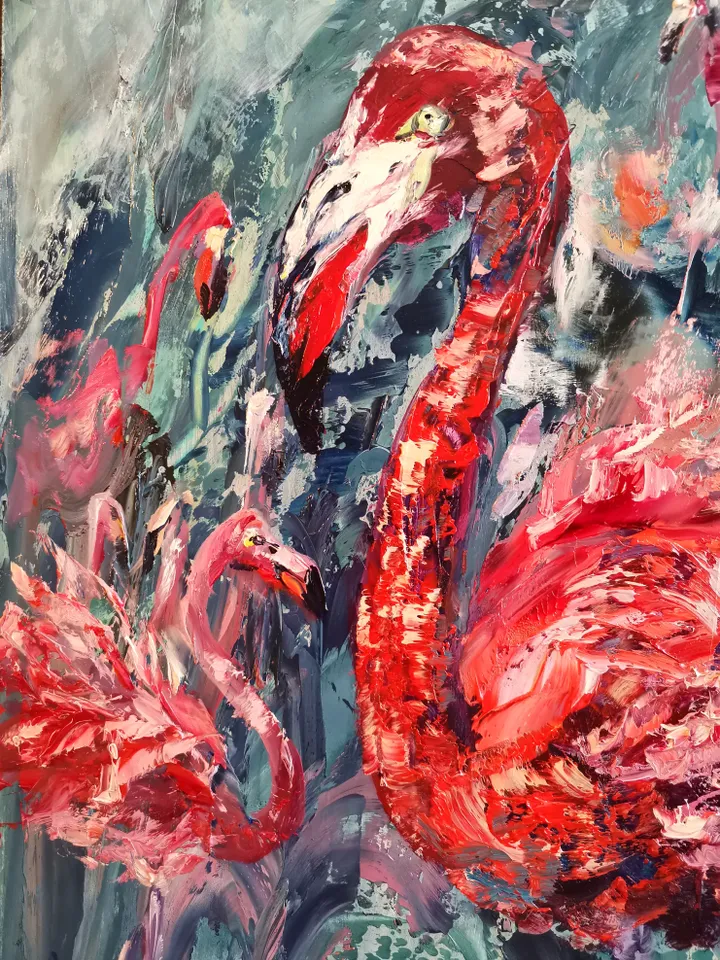 Flamingo Pink Birds Abstract Love Art Original Oil Painting Artist Svinar Oksana