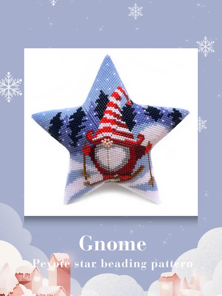 Skiing Gnome, 3D Peyote Star Beading Pattern, Seed Bead Christmas Ornament, Peyote Stitch