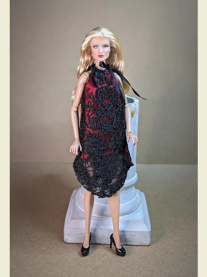 Handmade black & red lace dress for 13-inch fashion dolls