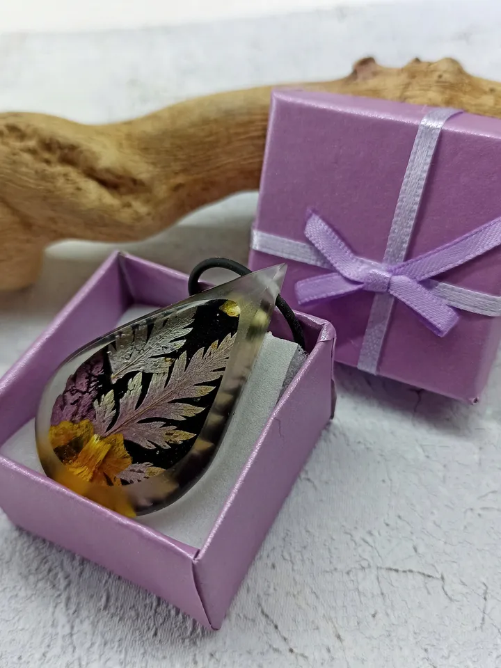 Resin and flower purple pendant Real fern leaf drop charm necklace