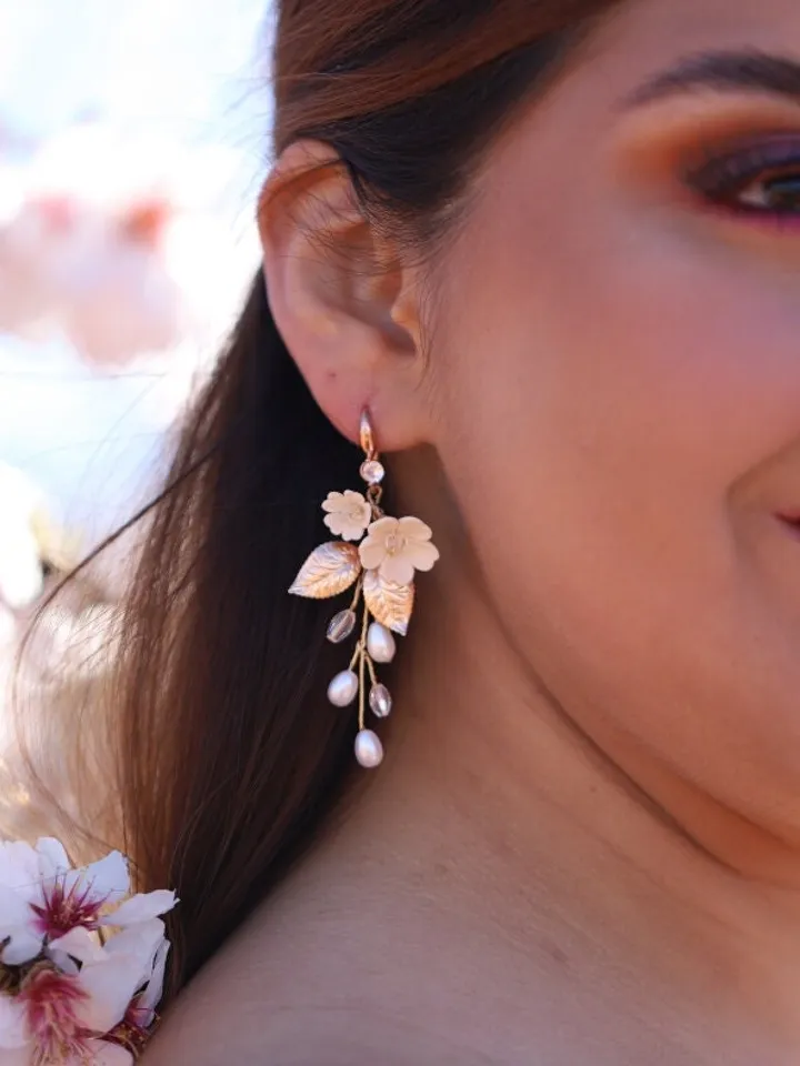 Champagne Gold Porcelain Flower Wedding Earrings, Pearl Statement Floral Wedding Earrings, Swarovski Crystal Bridal Earrings, Boho Jewelry