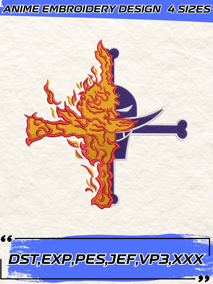 Whitebeard Logo Fire Embroidery Design,One Piece Anime Embroidery Design,4 Sizes,Instant Download