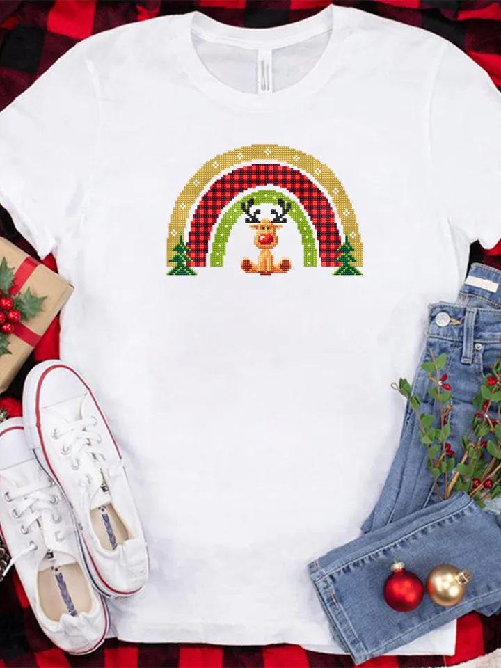 Christmas rainbow reindeer cross stitch pattern PDF download, Buffalo plaid rainbow cross stitch chart, Christmas pattern digital PDF #N135