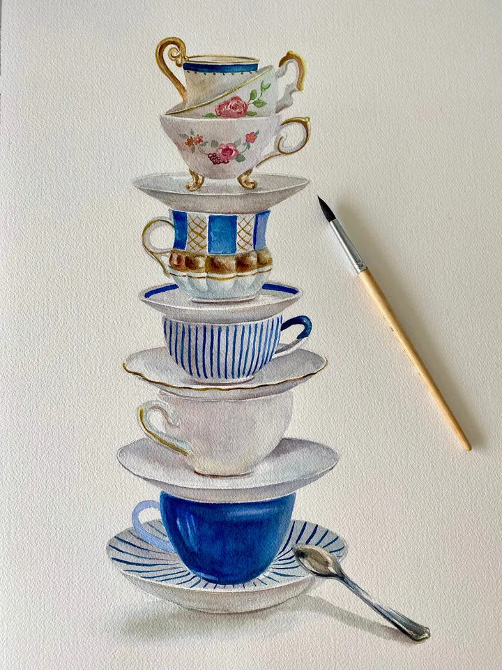 Tea Cups Original Watercolor Painting Kitchen Wall Art Tea Lover Gift Stack Of Cups Tea Cup Blue White Still Life Tea Lovers Watercolor Art