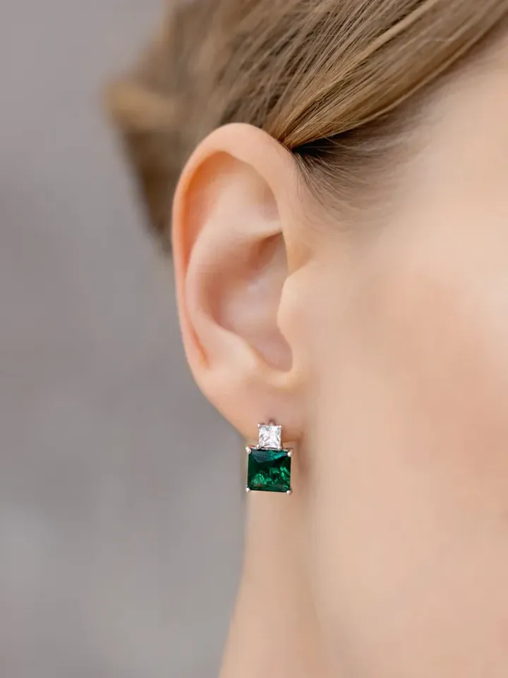 Earrings with emerald and cubic zirconia silver 925
