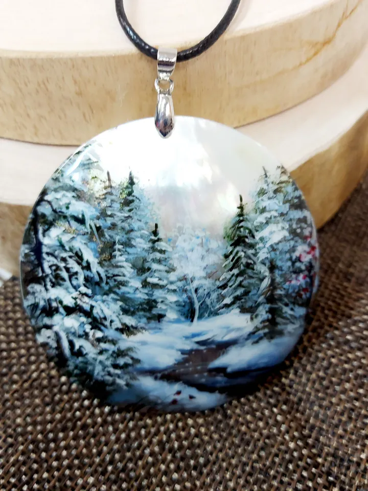 Mother-of-pearl pendant "Winter. River in winter". Miniature on the sink. Hand-painted jewelry. An artistic gift from Fedoskino