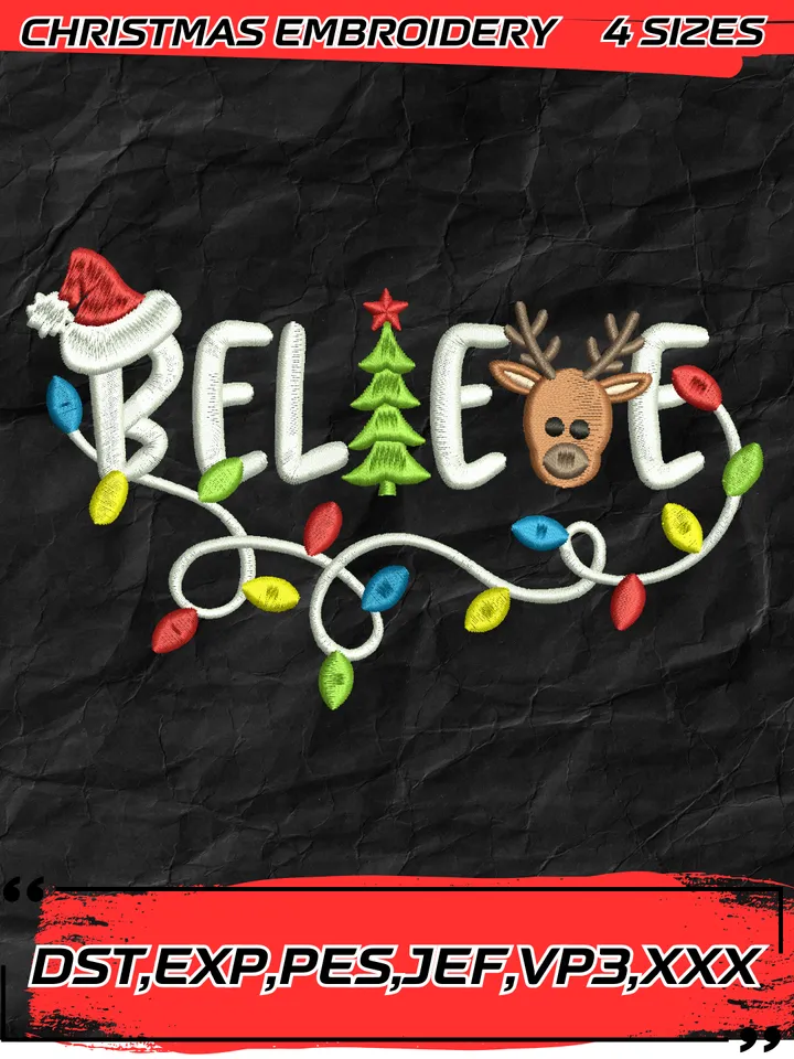 Believe Christmas Tree Light Deer Embroidery Design,Christmas Embroidery Design,4 Sizes, Digital Download