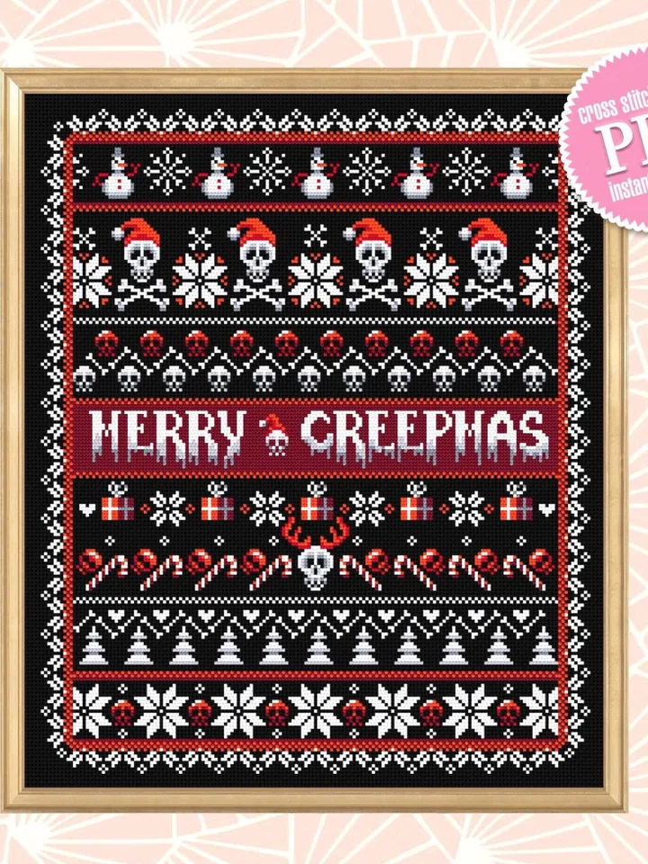 Gothic Christmas cross stitch pattern download PDF, Merry creepmas sampler, Spooky Christmas embroidery PDF, Creepy quaker cross stitch #N76
