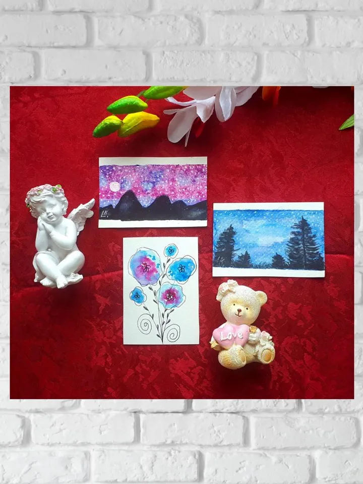 Original Three ACEO Art  Cards, ACEO Painting,  Mountains Art Forest Landscape and Flowers Watercolor