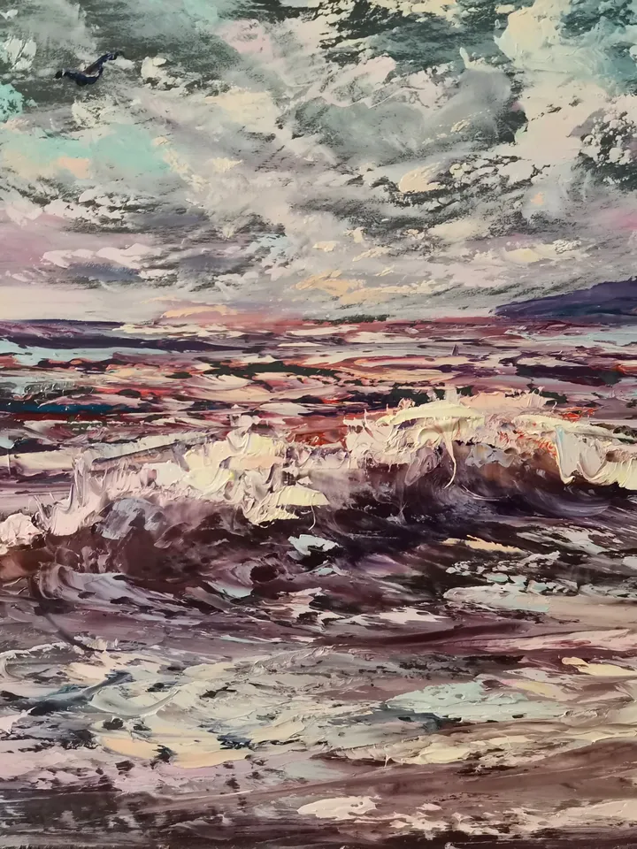 Moon Night Mountains Sea Wave Original Art Oil Painting Artist Svinar Oksana