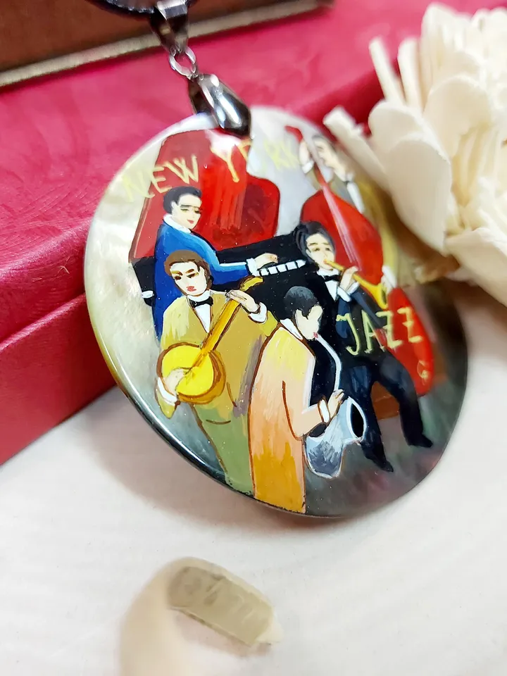 Necklace "Jazz". Mother-of-pearl Russian hand-painted. Hand paint necklace pendant. MOP.Hand painted miniature painting
