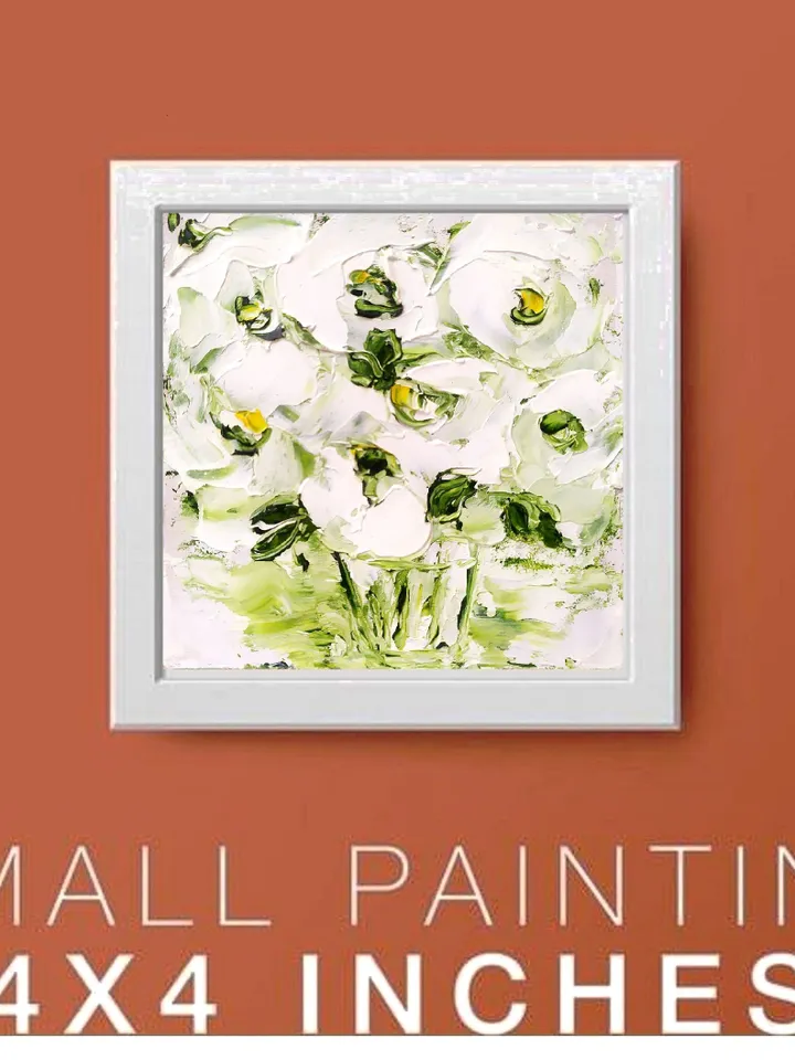 Peonies Painting Flower Original Art Impasto Painting Floral Small Art Peony Original Art Oil boho wall art 4x4 painting by ArtProkopaloSv