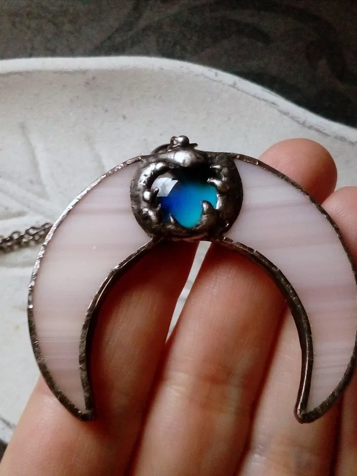 Stained glass moon, Mood stone crescent, Moon phase necklace, Stainglass crescent, Full moon