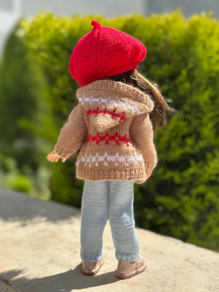 5 ITEMS Set: Cardigan, T-Shirt, Beret, Jeans, Shoes - Exclusive Handmade Outfit - Paola Reina Doll