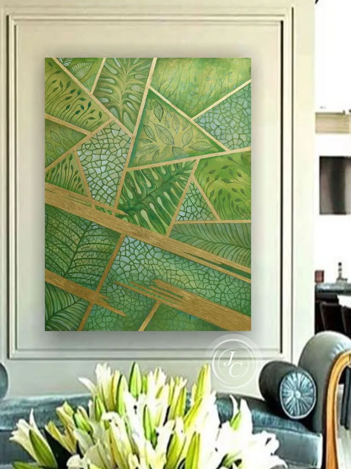 Green and Gold Abstract Wall Art Chartreuse Original art Floral Painting Botanical Art Green leaves art