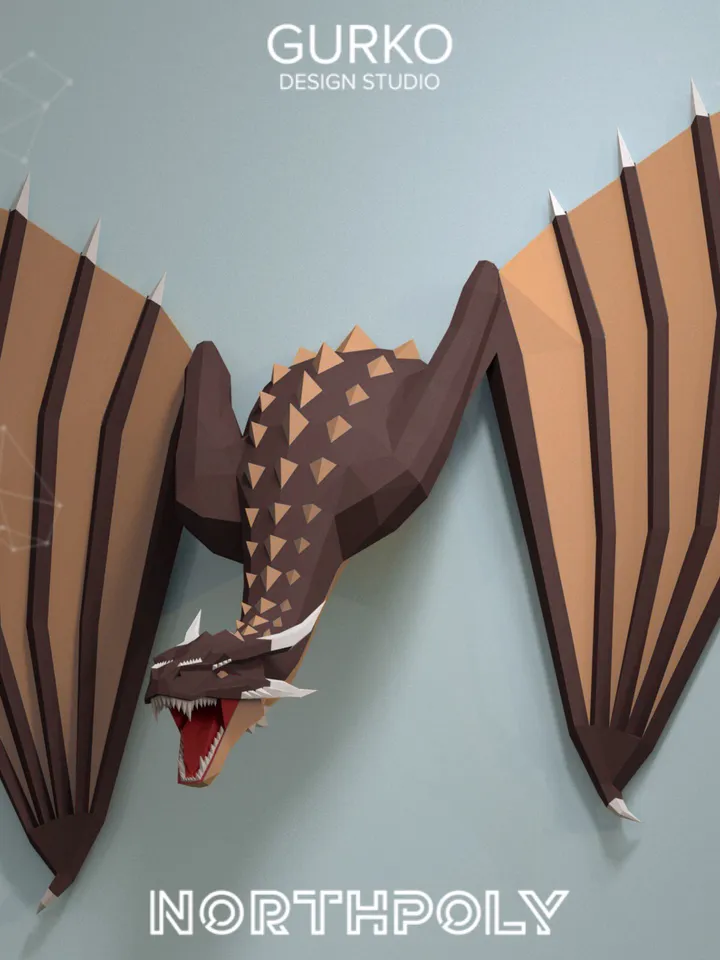 Papercraft Dragon Crawling Out Of The Wall, Digital Template, PDF Download, Gurko, 3D Low Poly, Pepakura, DIY Origami Sculpture, Paper Decor