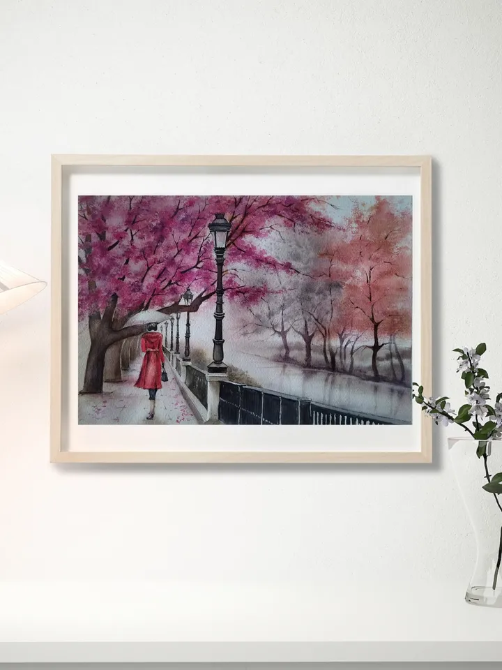 Original Watercolor Painting Urban Landscape Art Autumn Embankment Artwork Rainy Day Picture 30x40 cm by SoftWaves