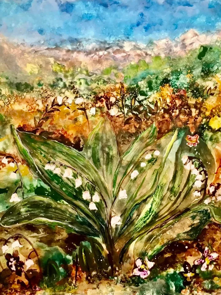 Lillies of the valley original watercolour and alcohol inks mix media painting on yupo paper,flowers painting, flower fields landscape