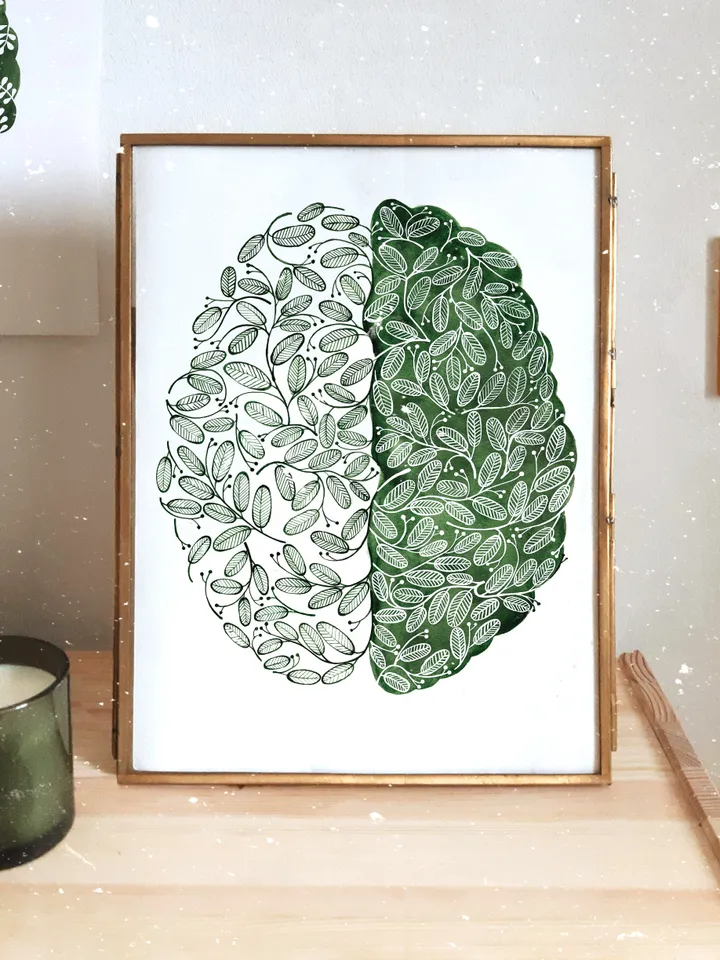 Watercolor poster "USE IT", green brain illustration