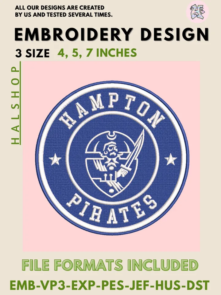 NCAA Hampton Pirates Logo Embroidery Design, College Team Machine Embroidery Files, Digital Download