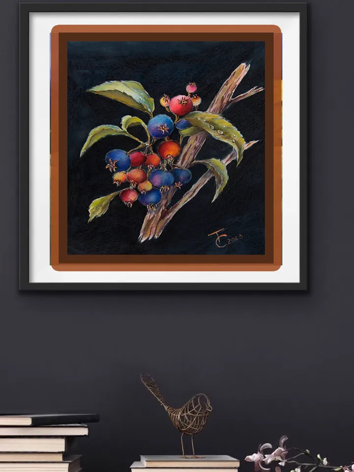 Shadberry. Watercolor painting with berries on a branch 10х12 inches