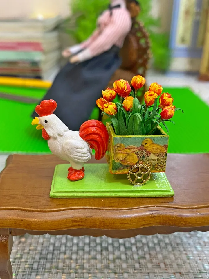 Easter miniature. Cockerel with a cart of tulips. 1:12.