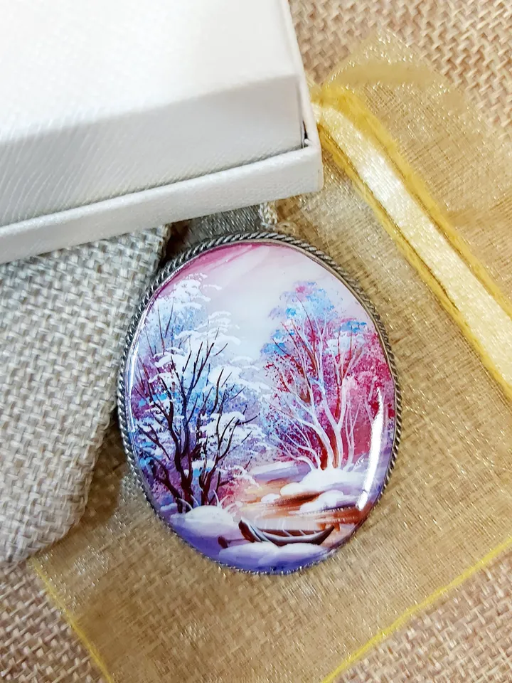 Brooches for women: river and charming little boat in a snow-covered forest on pearl brooch • purple dainty handmade jewelry • Aesthetic pin