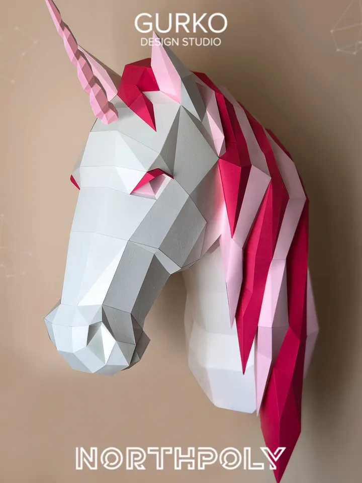 Unicorn Head Papercraft, Digital Template, PDF Download, Gurko, Trophy, 3D Low Poly, Pepakura, DIY Origami, Paper Decor, DIY Gift