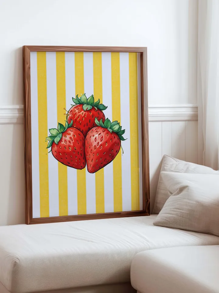 Strawberry Vintage Print, Strawberries Wall Art, Kitchen Trendy Poster, Farmhouse Kitchen Drawing, Retro Kitchen Decor, Fruit Wall Art