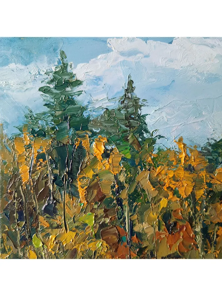 Sunlit Trees Painting 8x12" Autumn Forest Landscape ORIGINAL ART Impressionist Artwork hand painted by artist Marina Chuchko