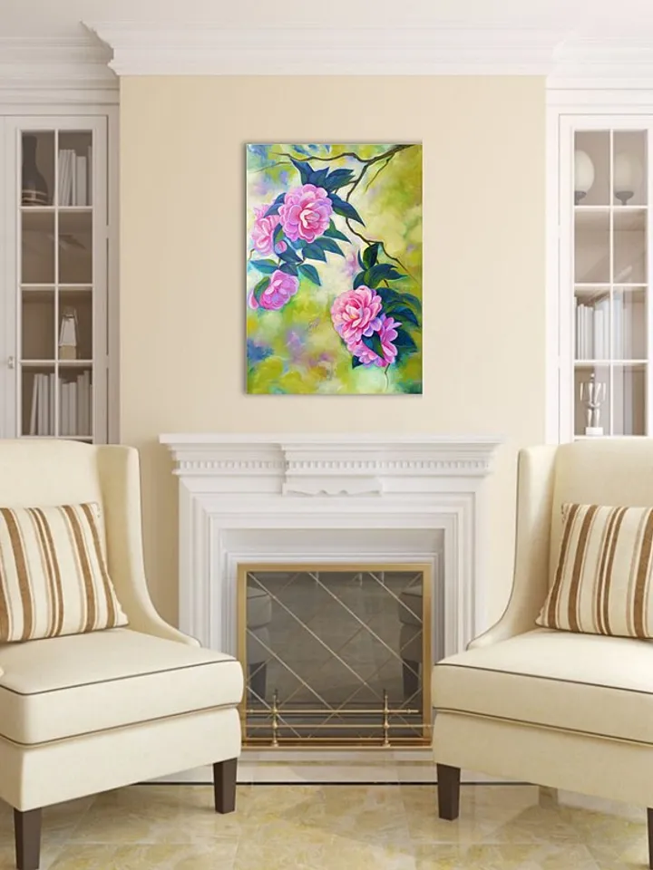 Blossom Camellia Painting Floral Original Art Flower Oil Painting Canvas Art