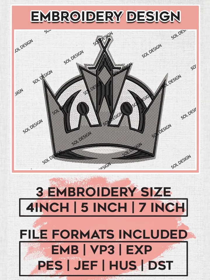 Los Angeles Kings Mascot Logo Embroidery Designs, NHL Los Angeles Kings Team Logo Embroidery, Hockey Embroidery Files, NHL LA Kings Logo, Machine embroidery Files, Digital Download
