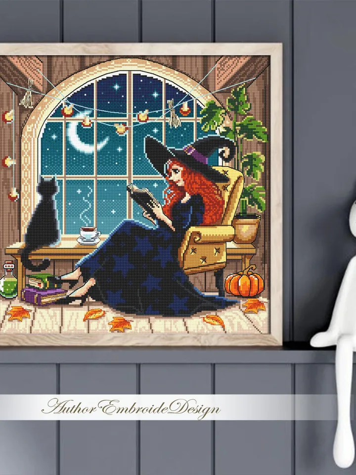 Reading witch cross stitch pattern PDF download Witch home cross stitch chart, Halloween witch pattern digital PDF, Cozy fall window #H88