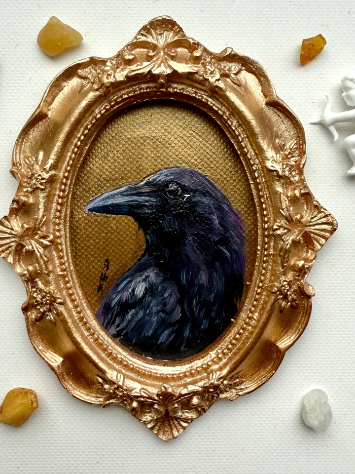 Framed Raven Painting Small Original Corvid Artwork Crow Art Tiny Oil Painting Bird Oval Frame