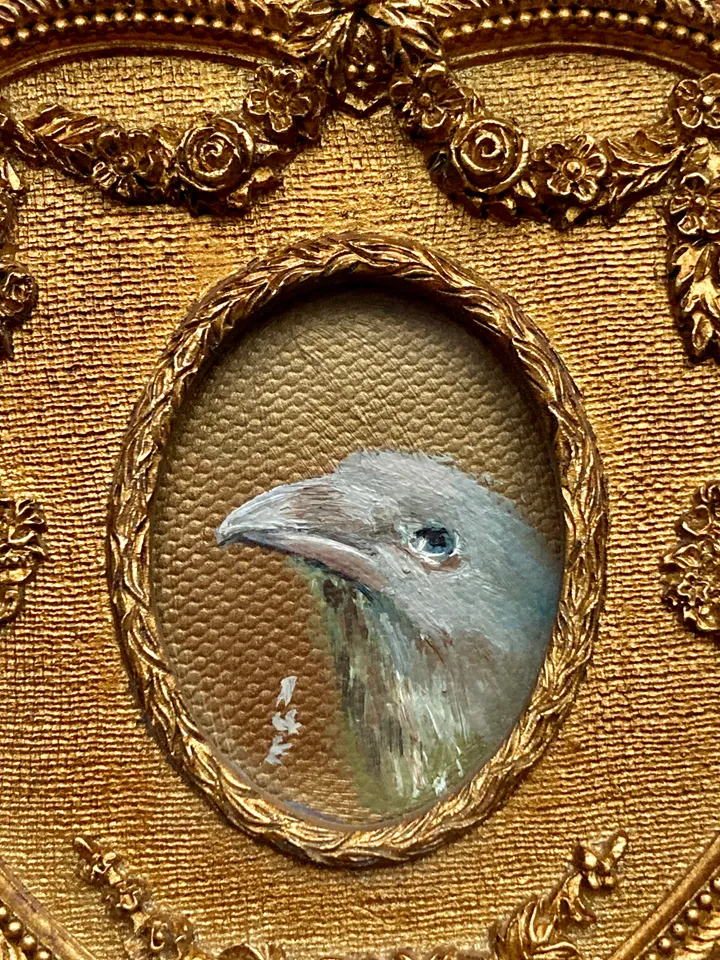 Framed Raven Oil Painting Original Albino Bird Art Dark Cottagecore Art 4x5 Art