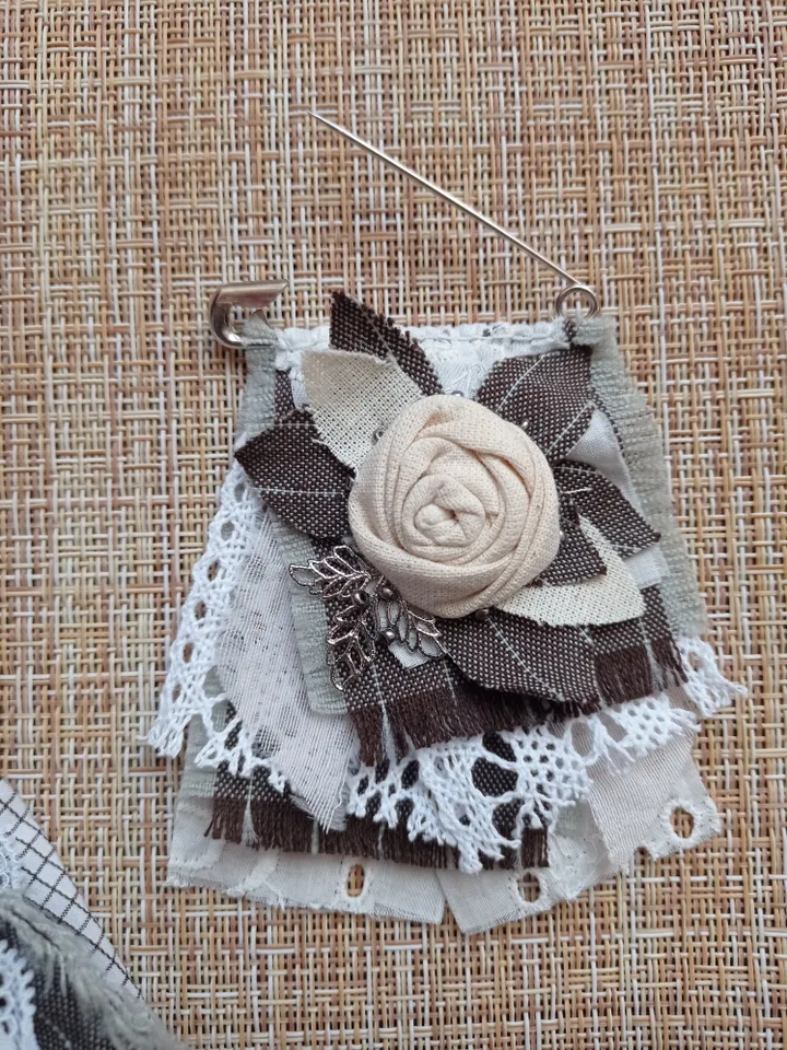 Set of brooch and keychain made of ribbons and boho fabric
