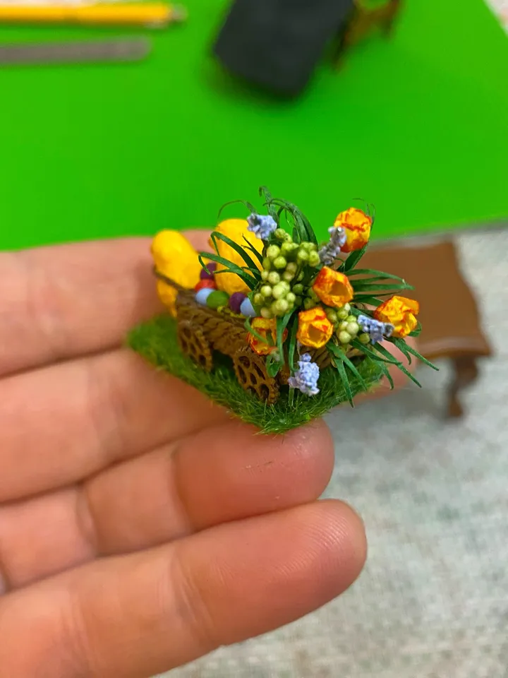 Easter miniature. Two chickens with a cart and a bouquet of flowers.1:12