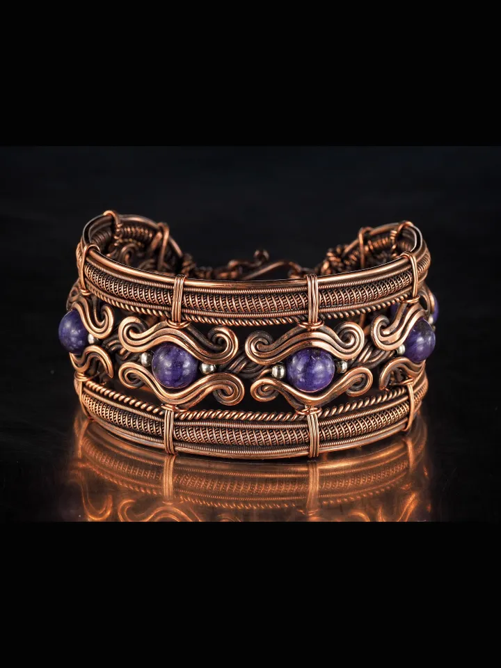 Copper wire wrapped bracelet with charoite for lady Antique style WireWrapArt