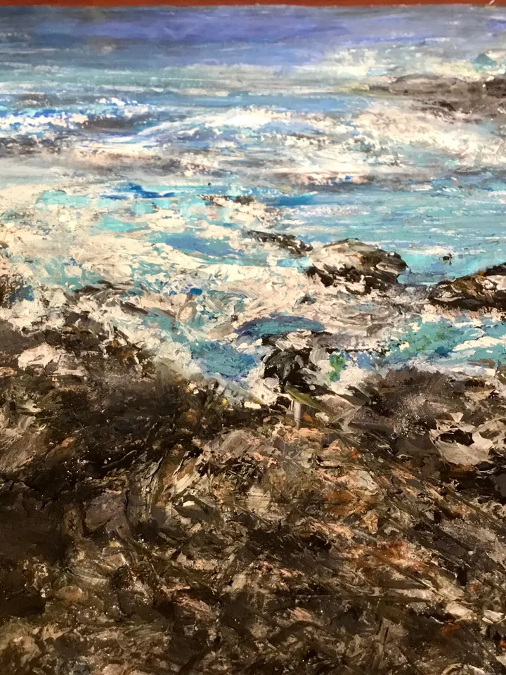 Rocks and ocean original acrylic mix media painting on paper,wall art,semi abstract seascape.