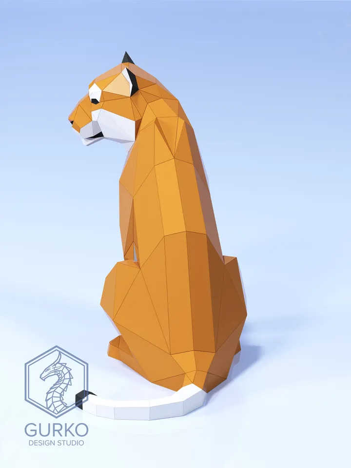 Papercraft Sitting Tiger Turned, Cat, Digital Template, PDF Download, Gurko, LowPoly, Pepakura, DIY Origami Sculpture, Paper Party Decor
