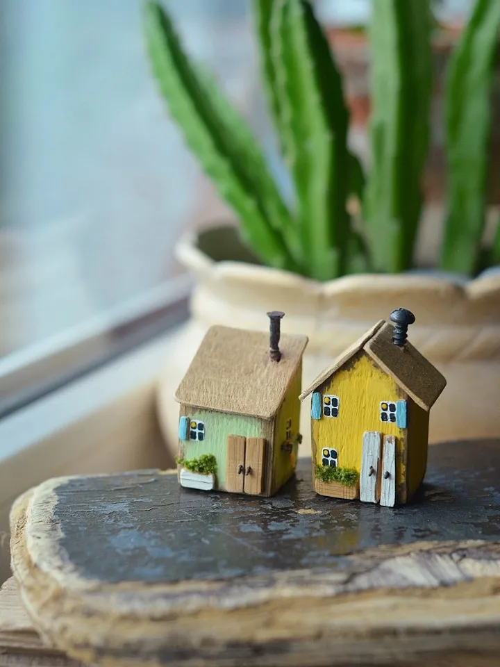 Set of two tiny wooden houses, driftwood art, small house, eco gift, house miniature, yellow house, green wood hoose