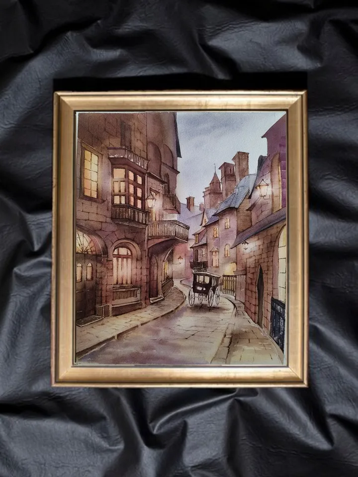 Original Watercolor Painting Victorian Urban Landscape Art English street Artwork 30x38 cm by SoftWaves