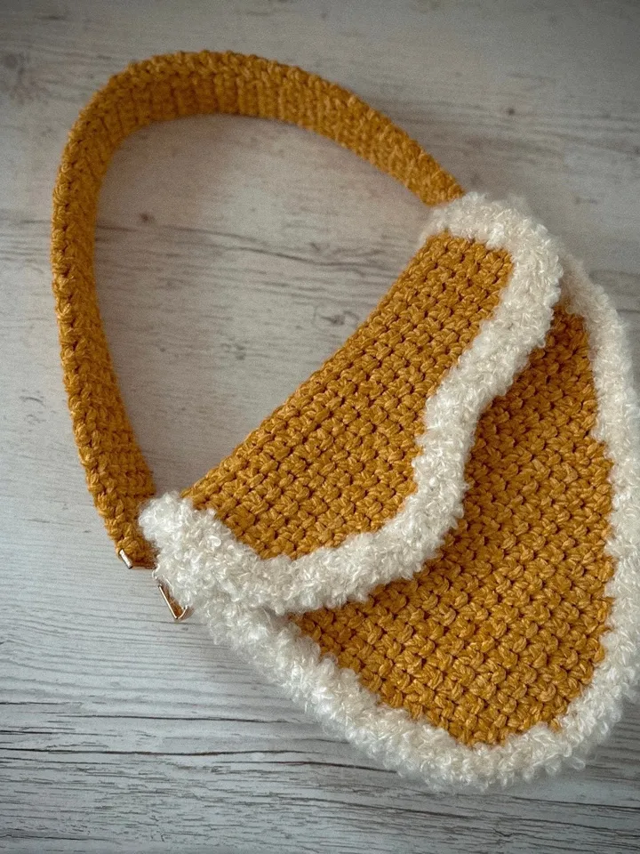 Mustard purse with fur, crochet bag, handmade luxury handbag, clutch, shoulder bag, saddle bag, velvet cord