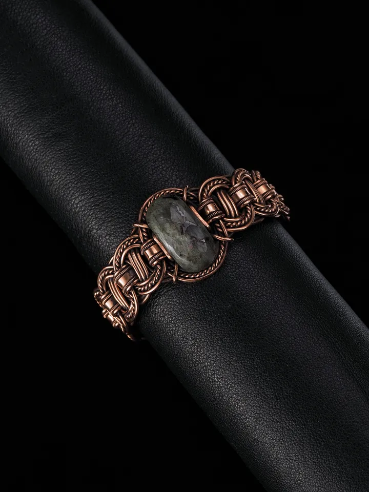 Copper wire wrapped larvikite bracelet Unique bangle 7th Wedding Anniversary